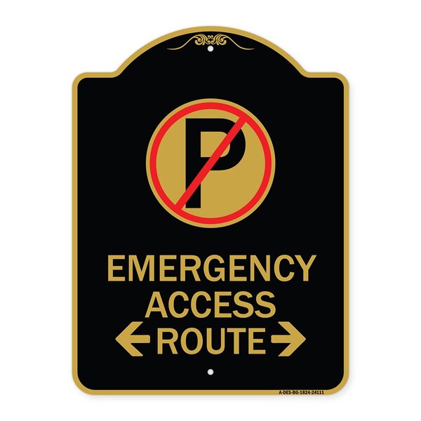 Signmission Emergency Access Route W/ Bidirectional Arrow, Black & Gold Aluminum Sign, 18" x 24", BG-1824-24111 A-DES-BG-1824-24111 - main